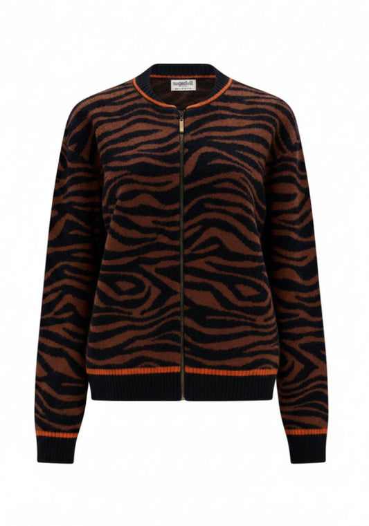 A women's zip-up cardigan from Sugarhill Brighton featuring a brown and black tiger stripe knit pattern, with orange trim along the collar, hem, and cuffs, shown on a plain white background.