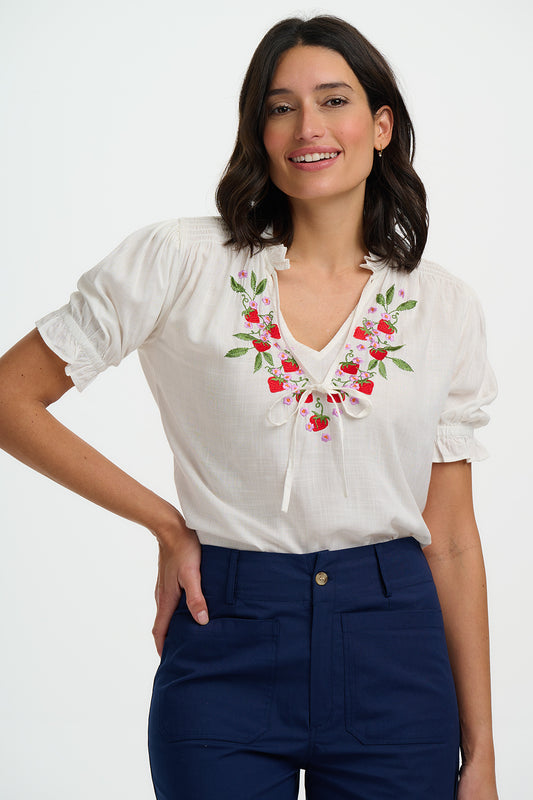 ANGELIQUE SHIRRED EMBROIDERED BLOUSE | OFF WHITE - WILD STRAWBERRY