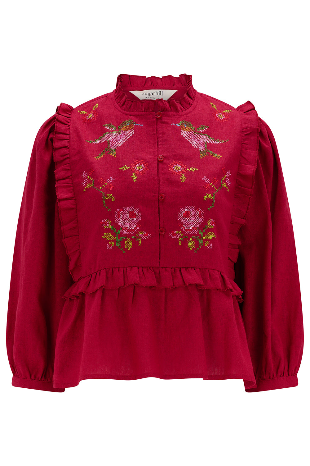 WILHELMINA FRILL BLOUSE | SCARLET RED HUMMINGBIRD ROSES