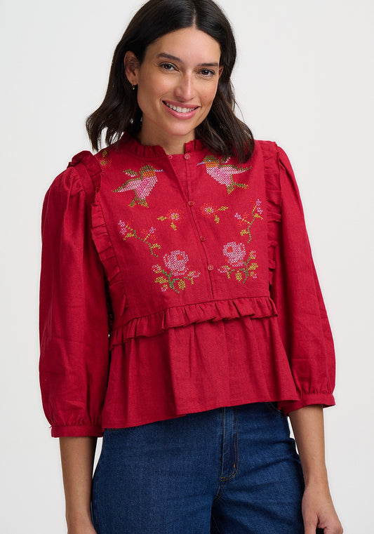 WILHELMINA FRILL BLOUSE | SCARLET RED HUMMINGBIRD ROSES