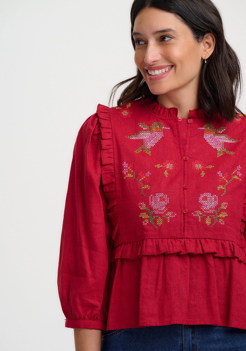 WILHELMINA FRILL BLOUSE | SCARLET RED HUMMINGBIRD ROSES