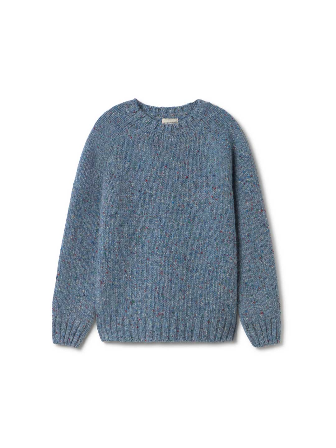 Blue knitted Donegal jumper from TWOTHIRDS on a white background