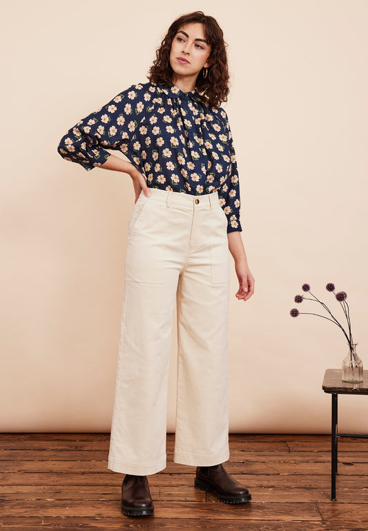 Nora wide leg cropped trousers from emily and fin, made from cotton needlecord, with a high waist and side pockets, in off white.