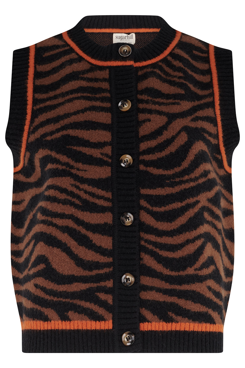 Tiger patterned knitted gilet by Sugarhill Brighton in black and dark brown with orange piping with buttons on a white background